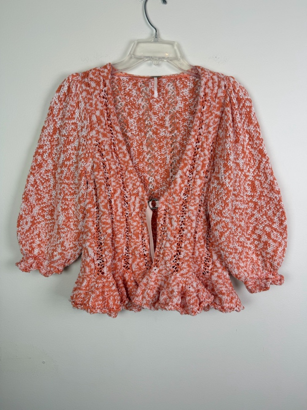 Free People Yesterday Tie Front Puff Sleeve Pointelle Cardigan Size S - Picture 2 of 13